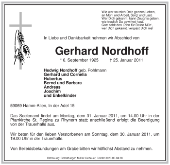 Traueranzeige von Gerhard Nordhoff von WESTFÄLISCHER ANZEIGER