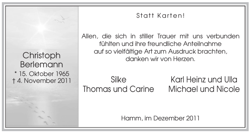  Traueranzeige für Christoph Berlemann vom 10.12.2011 aus WESTFÄLISCHER ANZEIGER