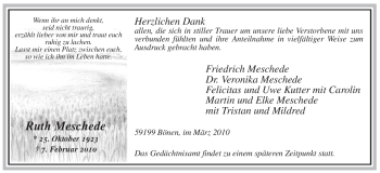 Traueranzeige von Ruth Meschede von WESTFÄLISCHER ANZEIGER