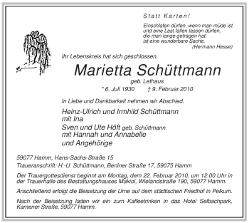 Traueranzeige von Marietta Schüttmann von WESTFÄLISCHER ANZEIGER