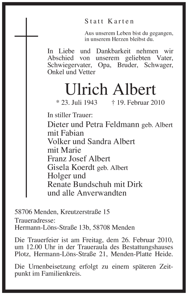  Traueranzeige für Ulrich Albert vom 23.02.2010 aus WESTFÄLISCHER ANZEIGER
