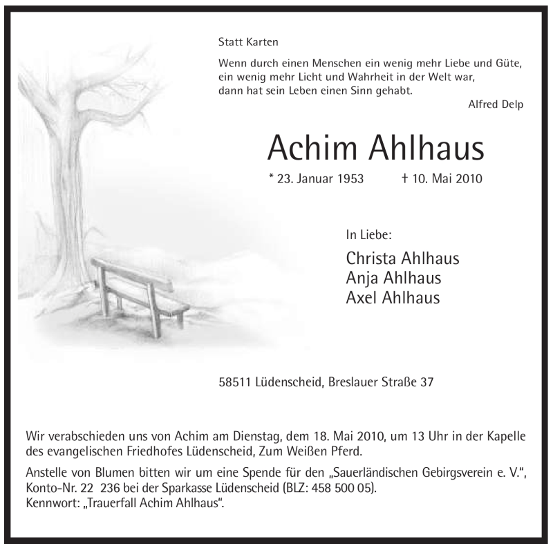  Traueranzeige für Achim Ahlhaus vom 12.05.2010 aus WESTFÄLISCHER ANZEIGER