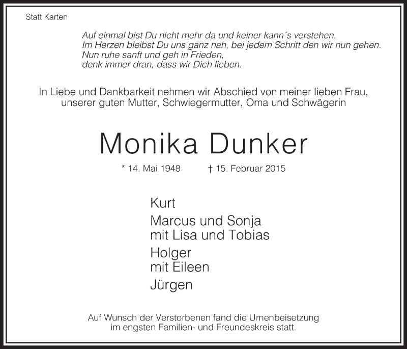  Traueranzeige für Monika Dunker vom 24.02.2015 aus MZV