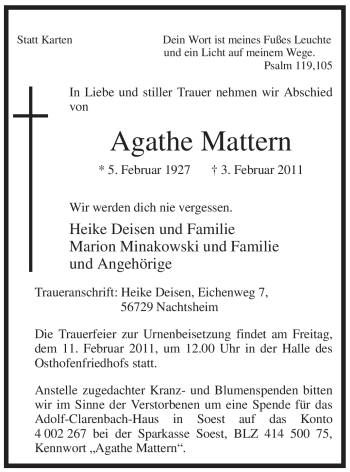 Traueranzeige von Agathe Mattern von WESTFÄLISCHER ANZEIGER