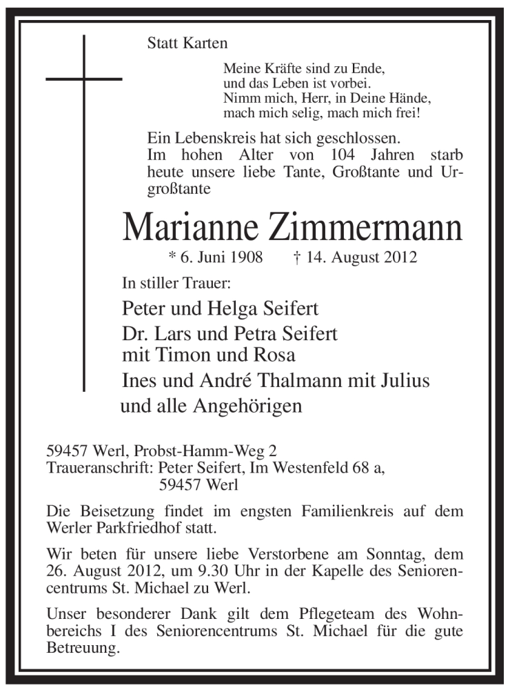  Traueranzeige für Marianne Zimmermann vom 16.08.2012 aus WESTFÄLISCHER ANZEIGER