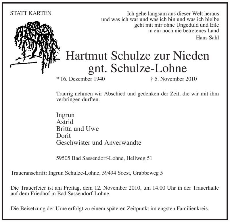  Traueranzeige für Hartmut Schulze zur Nieden vom 09.11.2010 aus WESTFÄLISCHER ANZEIGER