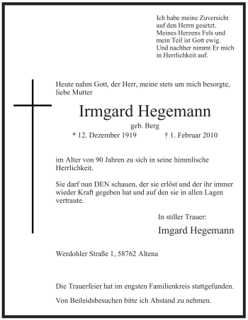 Traueranzeige von Irgard Hegemann von WESTFÄLISCHER ANZEIGER