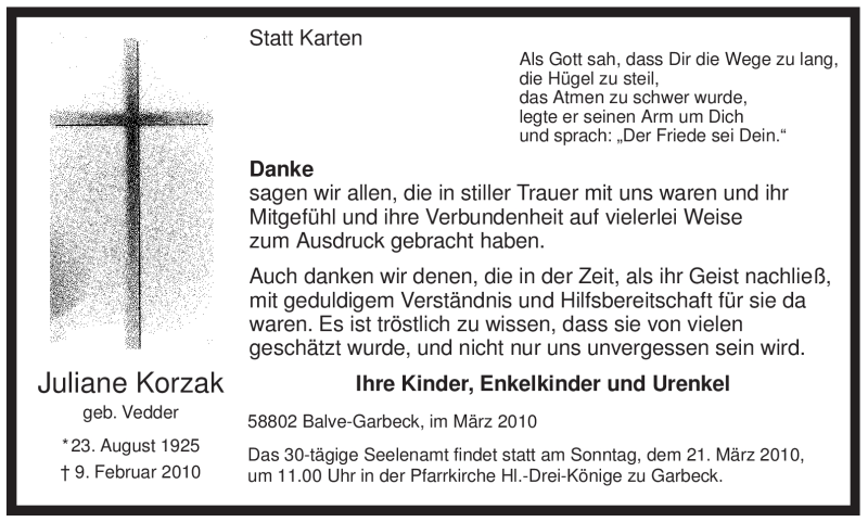  Traueranzeige für Juliane Korzak vom 13.03.2010 aus WESTFÄLISCHER ANZEIGER