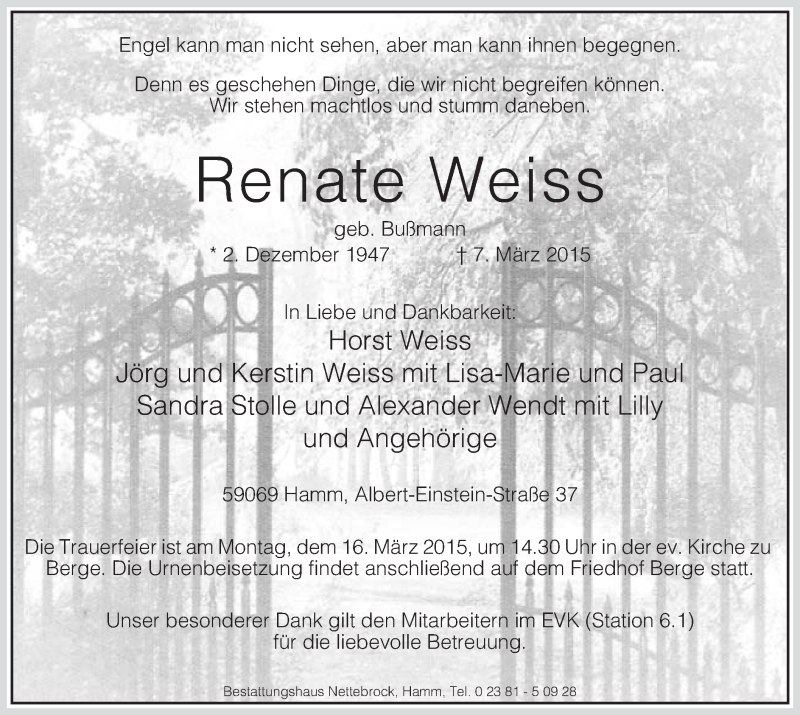  Traueranzeige für Renate Weiss vom 10.03.2015 aus MZV