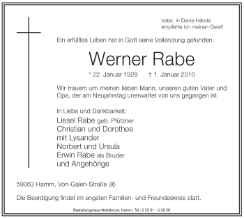 Traueranzeige von Werner Rabe von WESTFÄLISCHER ANZEIGER