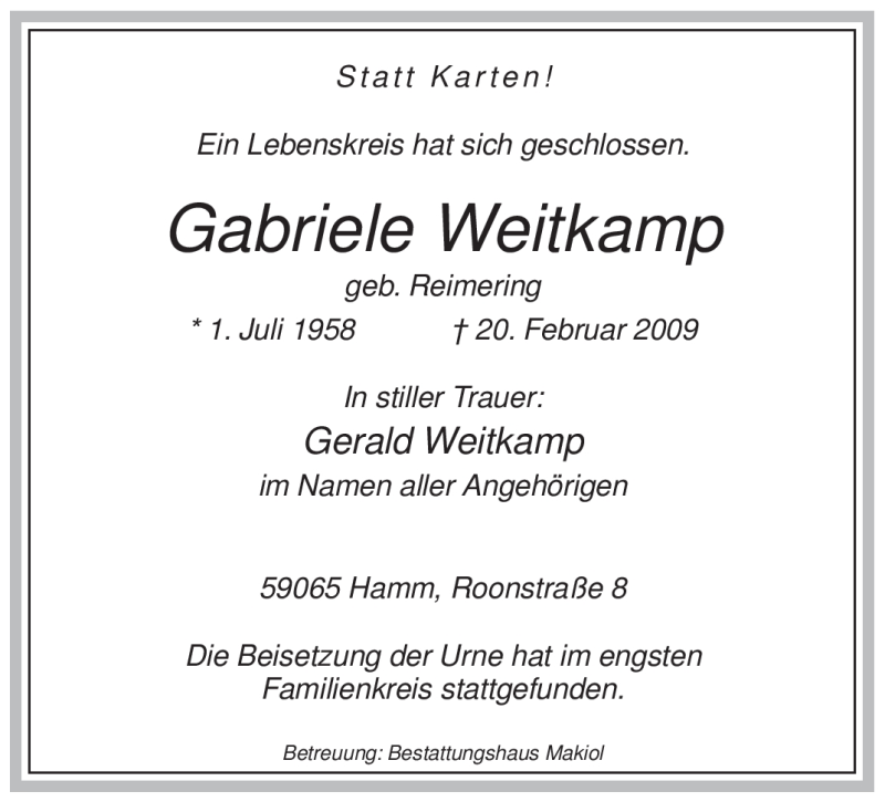  Traueranzeige für Gabriele Weitkamp vom 05.03.2009 aus WESTFÄLISCHER ANZEIGER