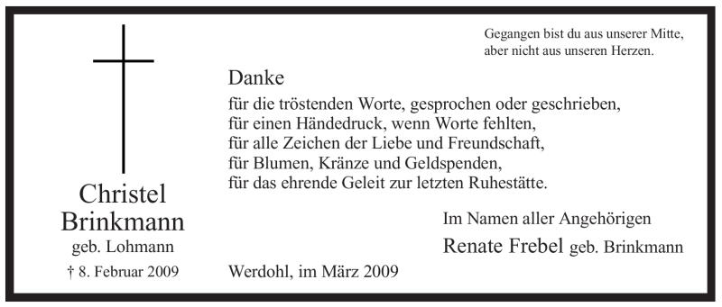  Traueranzeige für Christel Brinkmann vom 21.03.2009 aus WESTFÄLISCHER ANZEIGER