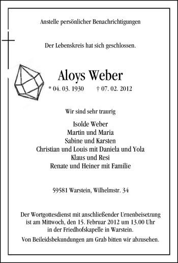 Traueranzeige von Aloys Weber von WESTFÄLISCHER ANZEIGER