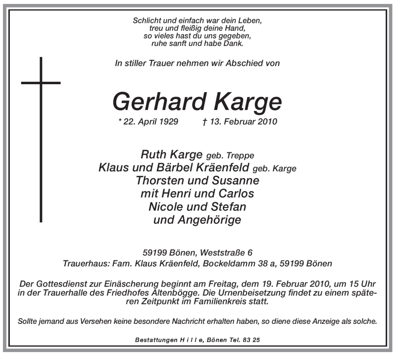  Traueranzeige für Gerhard Karge vom 16.02.2010 aus WESTFÄLISCHER ANZEIGER