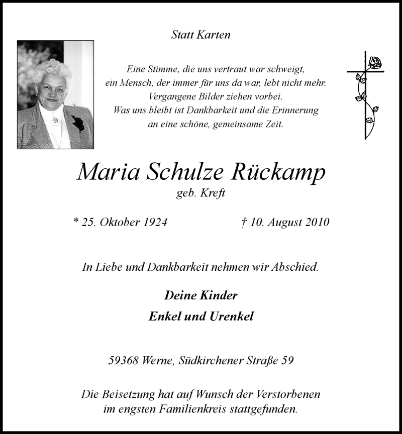  Traueranzeige für Maria Schulze-Rückamp vom 14.08.2010 aus WESTFÄLISCHER ANZEIGER