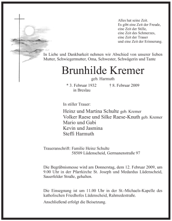 Traueranzeige von Brunhilde Kremer von WESTFÄLISCHER ANZEIGER