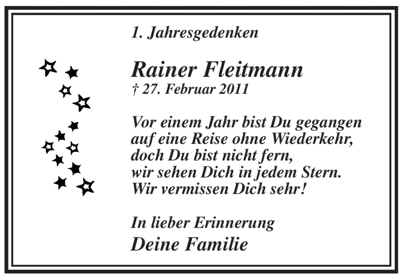  Traueranzeige für Rainer Fleitmann vom 27.02.2012 aus WESTFÄLISCHER ANZEIGER