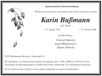 Traueranzeige von Karin Bußmann von WESTFÄLISCHER ANZEIGER