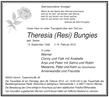 Traueranzeige von Theresia (Resi) Bungies von WESTFÄLISCHER ANZEIGER