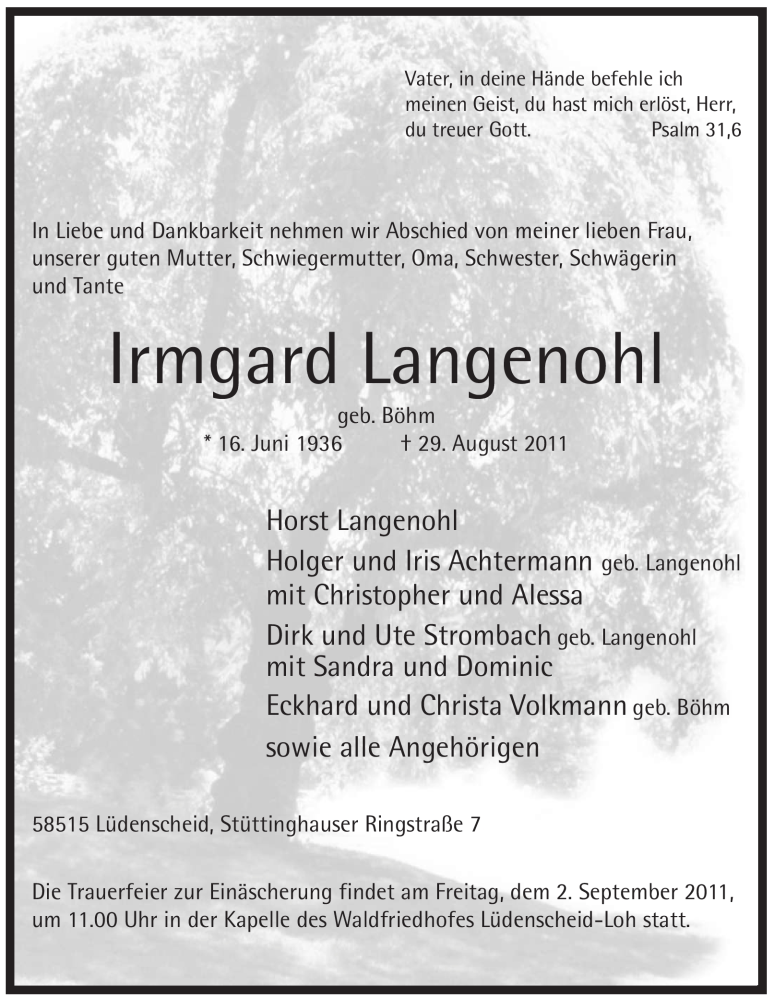  Traueranzeige für Irmgard Langenohl vom 31.08.2011 aus WESTFÄLISCHER ANZEIGER