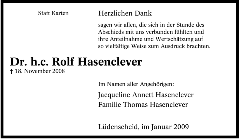  Traueranzeige für Rolf Hasenclever vom 17.01.2009 aus WESTFÄLISCHER ANZEIGER