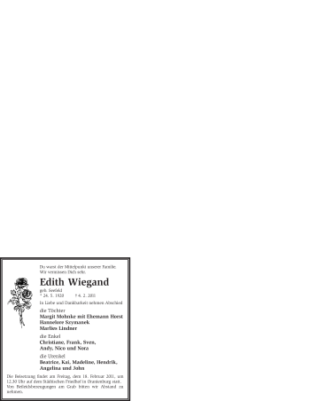 Traueranzeige von Edith Wiegand von WESTFÄLISCHER ANZEIGER
