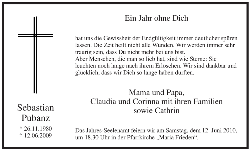  Traueranzeige für Sebastian Pubanz vom 05.06.2010 aus WESTFÄLISCHER ANZEIGER