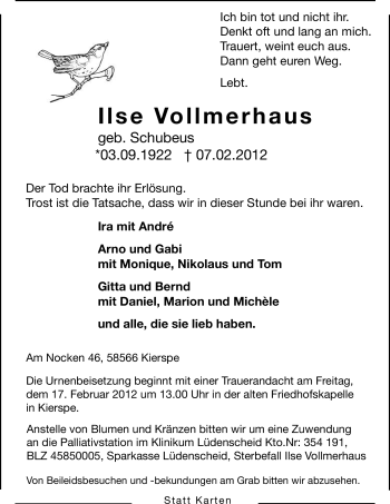 Traueranzeige von Ilse Vollmerhaus von WESTFÄLISCHER ANZEIGER