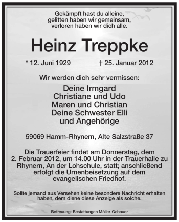 Traueranzeige von Heinz Treppke von WESTFÄLISCHER ANZEIGER