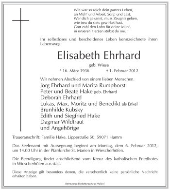 Traueranzeige von Elisabeth Ehrhard von WESTFÄLISCHER ANZEIGER