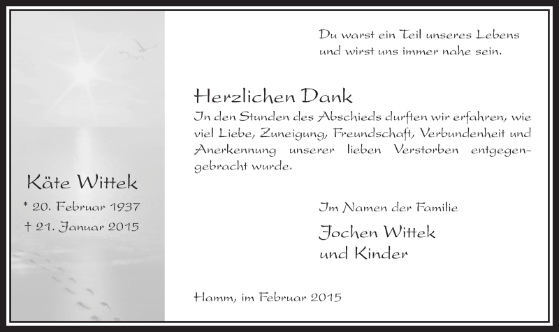  Traueranzeige für Käte Wittek vom 28.02.2015 aus MZV