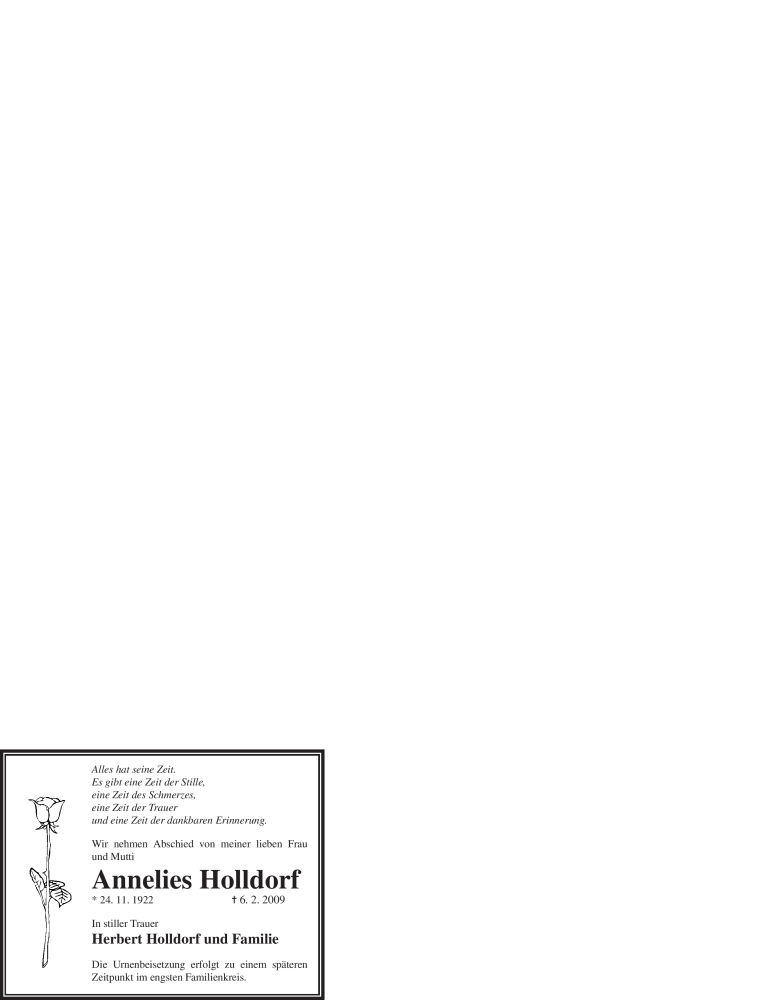  Traueranzeige für Annelies Holldorf vom 10.02.2009 aus WESTFÄLISCHER ANZEIGER