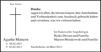 Traueranzeige von Agathe Mattern von WESTFÄLISCHER ANZEIGER