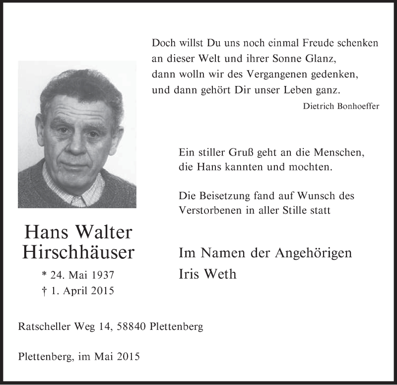  Traueranzeige für Hans Walter Hirschhäuser vom 04.05.2015 aus MZV