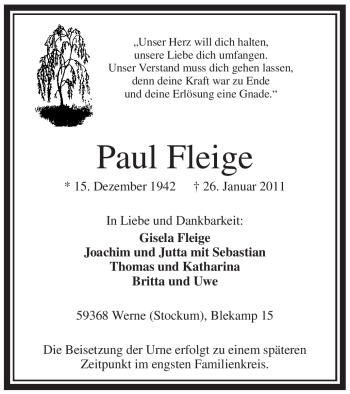 Traueranzeige von Paul Fleige von WESTFÄLISCHER ANZEIGER