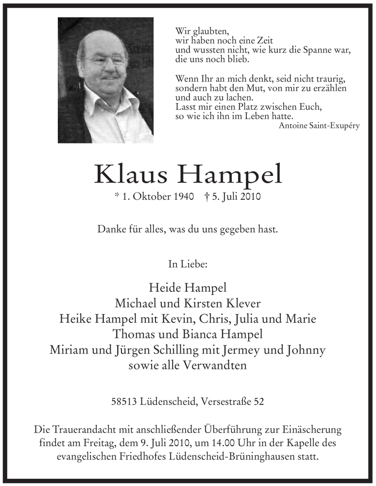  Traueranzeige für Klaus Hampel vom 06.07.2010 aus WESTFÄLISCHER ANZEIGER