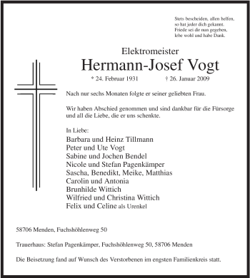 Traueranzeige von Hermann-Josef Vogt von WESTFÄLISCHER ANZEIGER