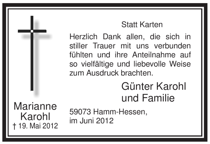  Traueranzeige für Marianne Karohl vom 09.06.2012 aus WESTFÄLISCHER ANZEIGER