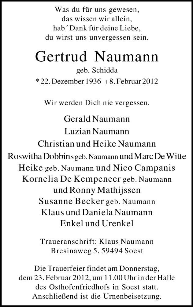  Traueranzeige für Gertrud Naumann vom 15.02.2012 aus WESTFÄLISCHER ANZEIGER