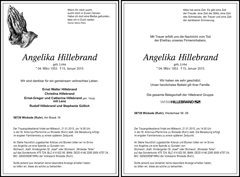  Traueranzeige für Angelika Hillebrand vom 19.01.2015 aus MZV