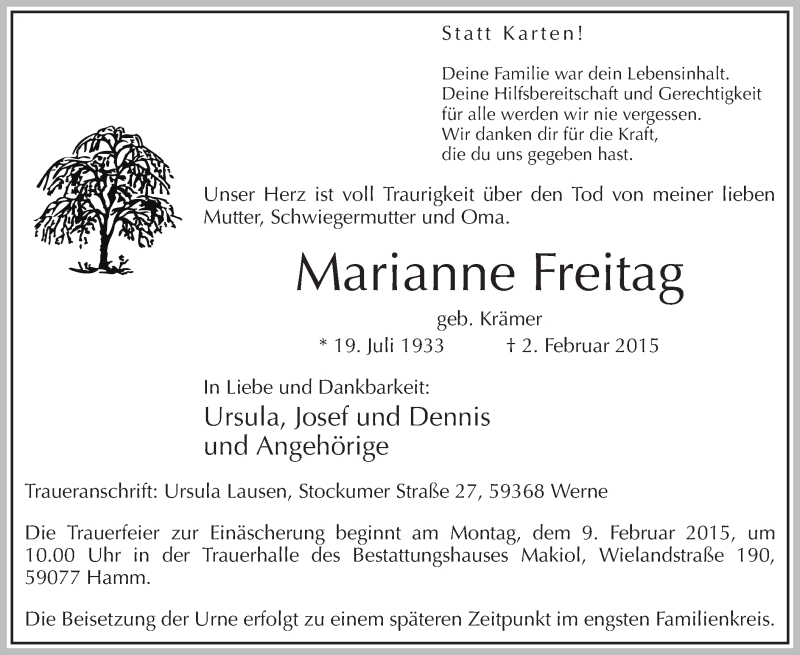  Traueranzeige für Marianne Freitag vom 05.02.2015 aus MZV