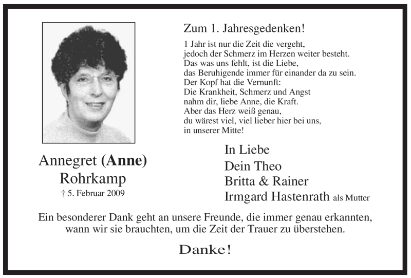  Traueranzeige für Annegret (Anne Rohrkamp vom 05.02.2010 aus WESTFÄLISCHER ANZEIGER