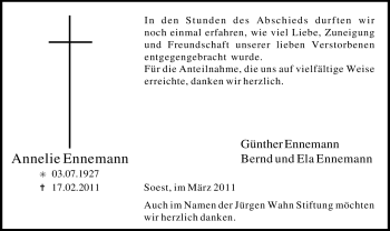Traueranzeige von Annelie Ennemann von WESTFÄLISCHER ANZEIGER
