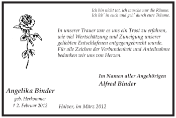 Traueranzeige von Angelika Binder von WESTFÄLISCHER ANZEIGER