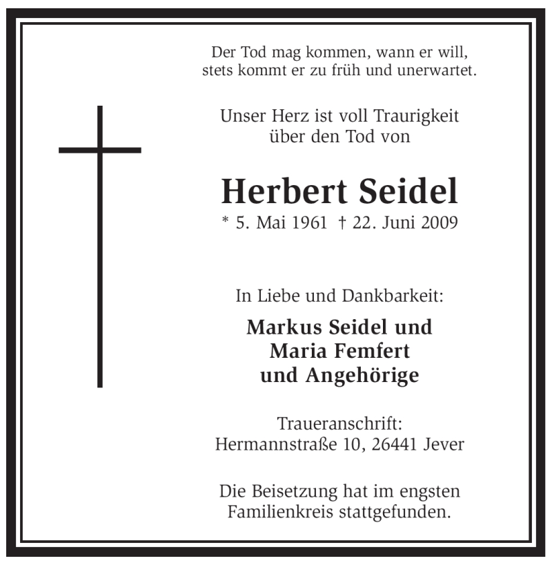  Traueranzeige für Herbert Seidel vom 04.07.2009 aus WESTFÄLISCHER ANZEIGER