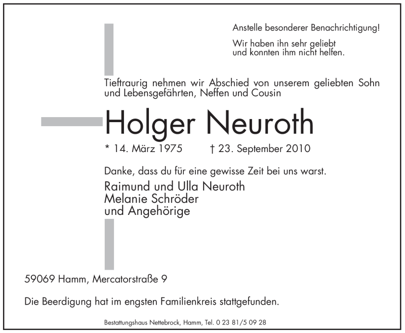  Traueranzeige für Holger Neuroth vom 28.09.2010 aus WESTFÄLISCHER ANZEIGER