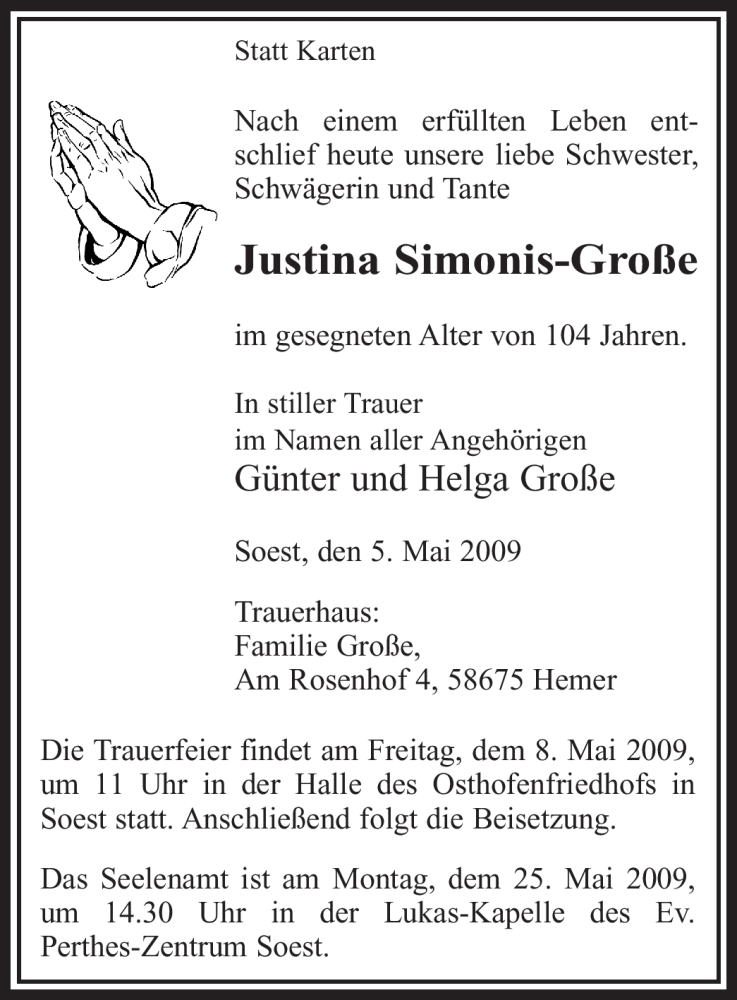  Traueranzeige für Justina Simonis-Große vom 07.05.2009 aus WESTFÄLISCHER ANZEIGER