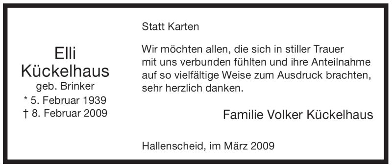  Traueranzeige für Elli Kückelhaus vom 28.03.2009 aus WESTFÄLISCHER ANZEIGER