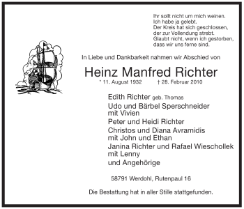 Traueranzeige von Heinz Manfred Richter von WESTFÄLISCHER ANZEIGER