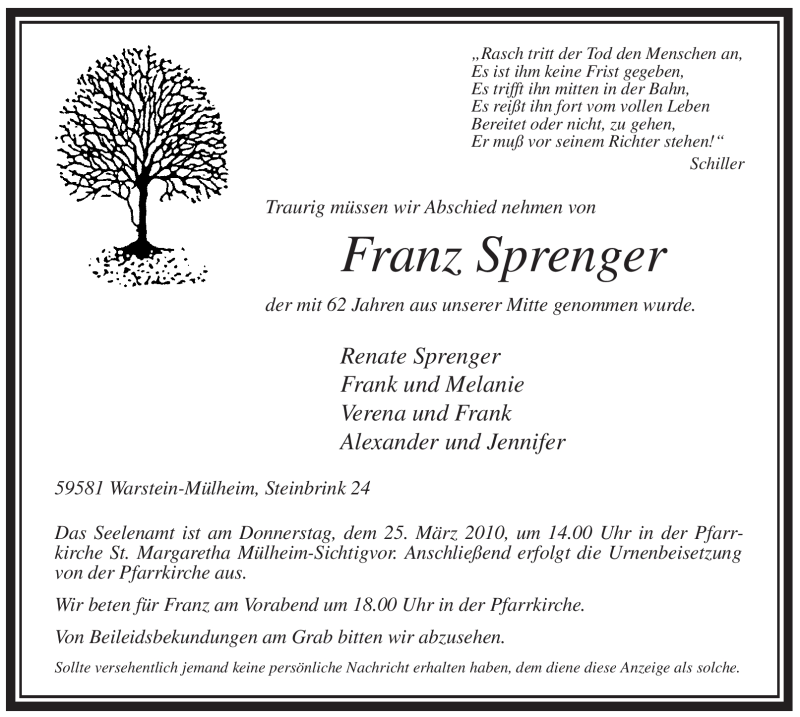  Traueranzeige für Franz Sprenger vom 23.03.2010 aus WESTFÄLISCHER ANZEIGER